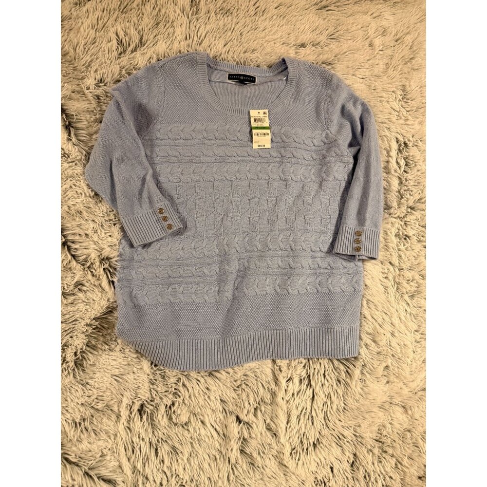 Karen Scott Women's Horizontal Cable Knit Scoop Neck Sweater, Large, Light Blue